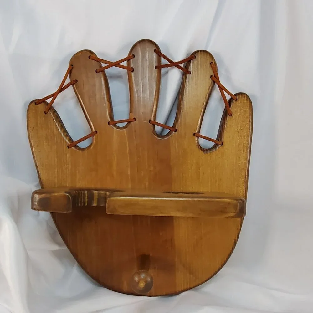 Wooden Baseball Glove Shaped Bat and Ball Holder Display Rack With Peg